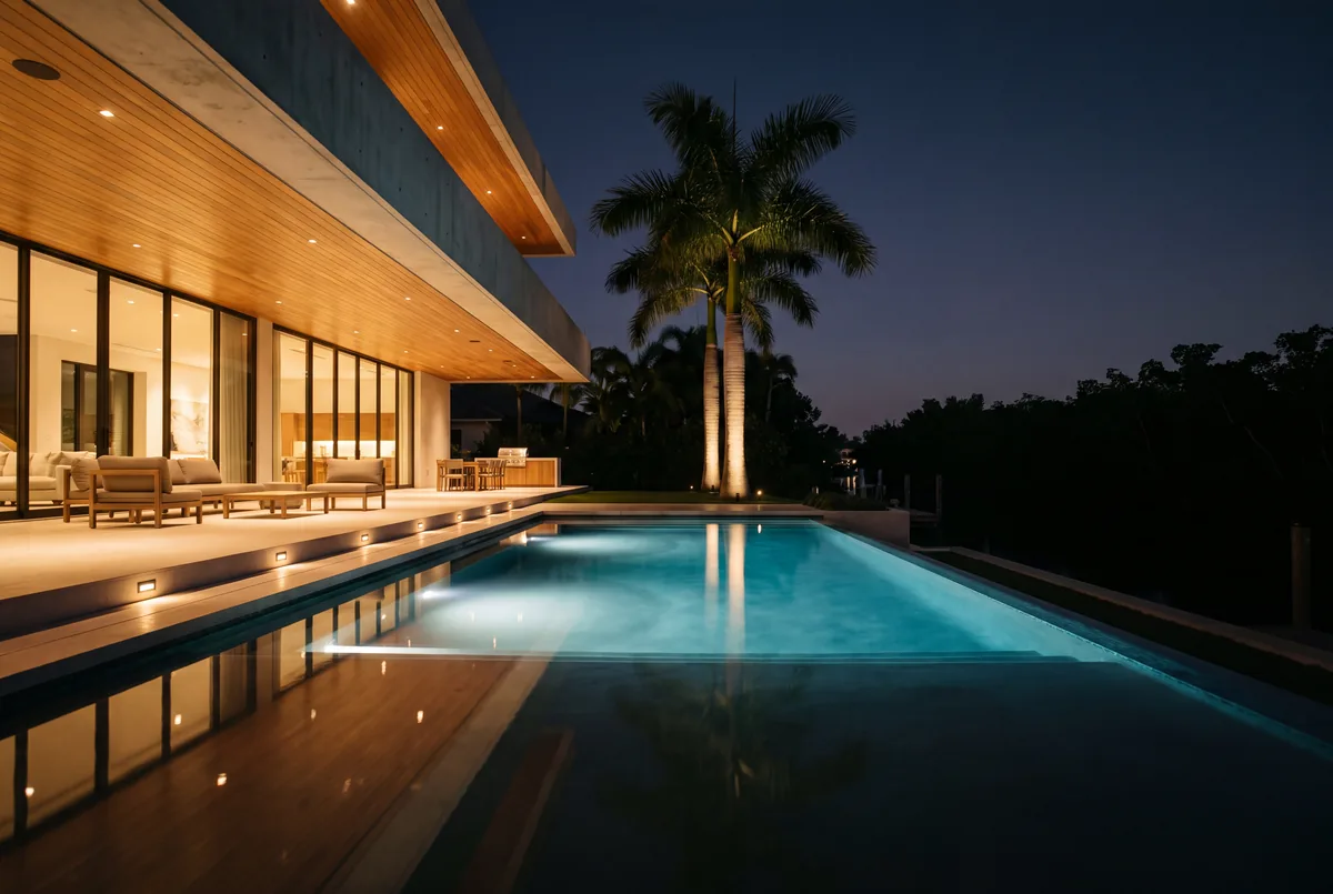 A lanai and pool at night with step lights in the coping, uplit palms and warm light under a timber soffit