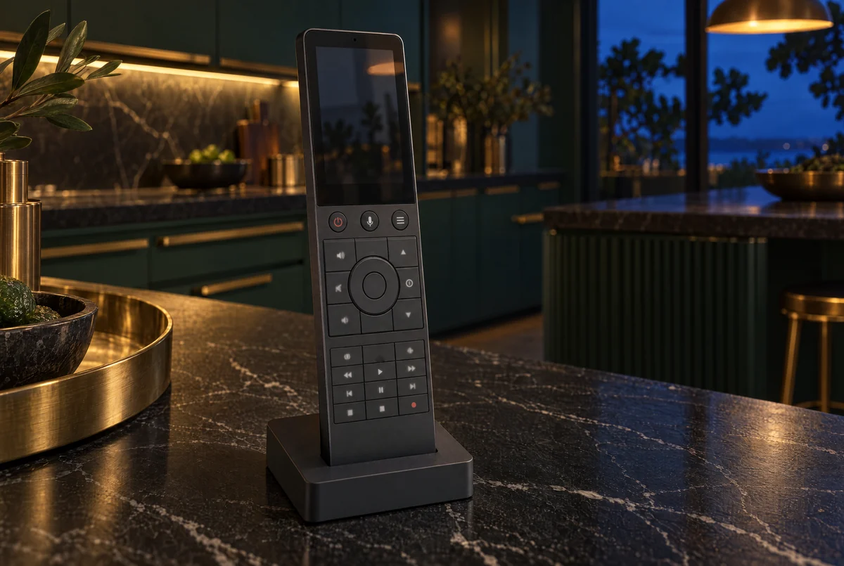 A Crestron tabletop touch screen in its dock on black marble in a deep green kitchen, the screen asleep