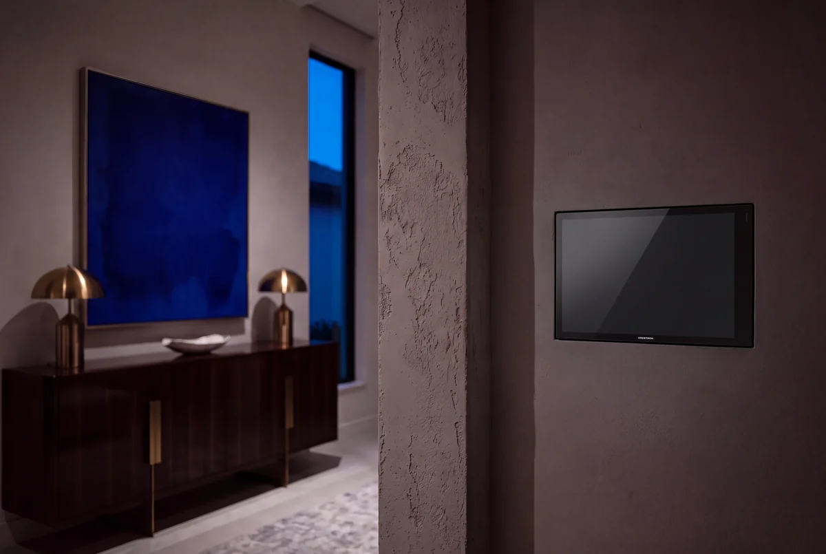 A wall mounted touch screen on a plaster wall in a dim modern room, its screen off