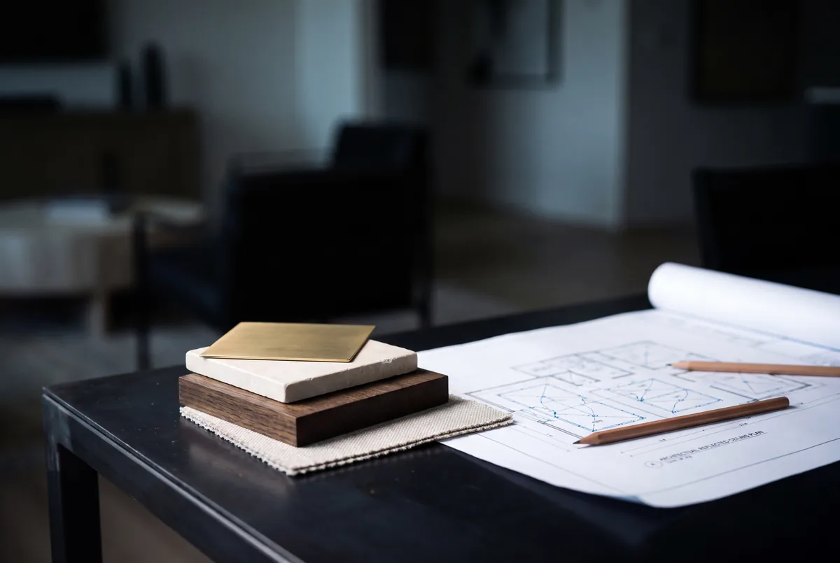 A desk with architectural drawings, a pencil and finish samples under a lamp