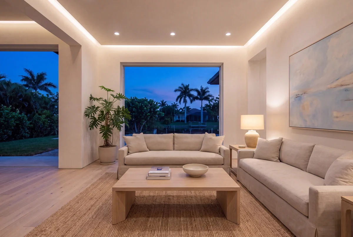 The same living room finished at dusk, an even row of downlights over the sofas facing the glass to the garden