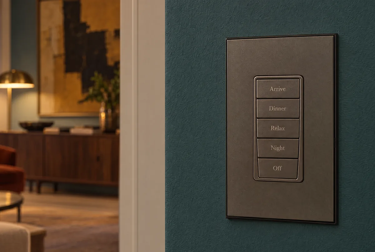 A bronze Vantage keypad with five engraved scene buttons on a teal plaster wall beside a doorway, the lamp lit living room beyond