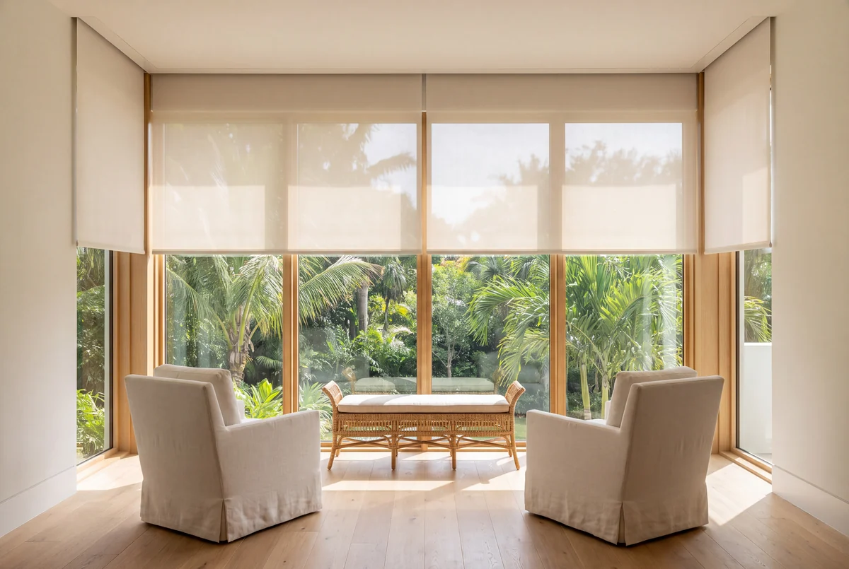 Sheer roller shades half lowered across a tall window in a light room, green garden beyond, the shade in a recessed ceiling pocket