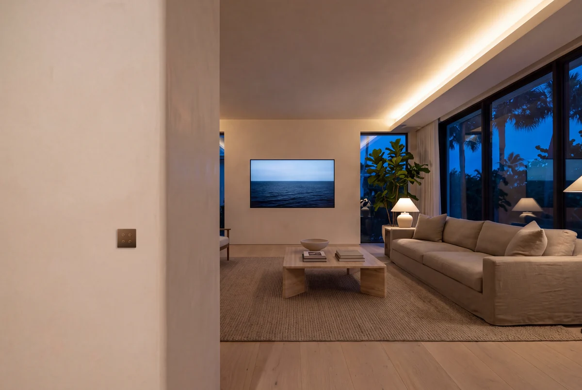 A living room at dusk with a display set flush in the wall, lamps lit low and a keypad beside the opening