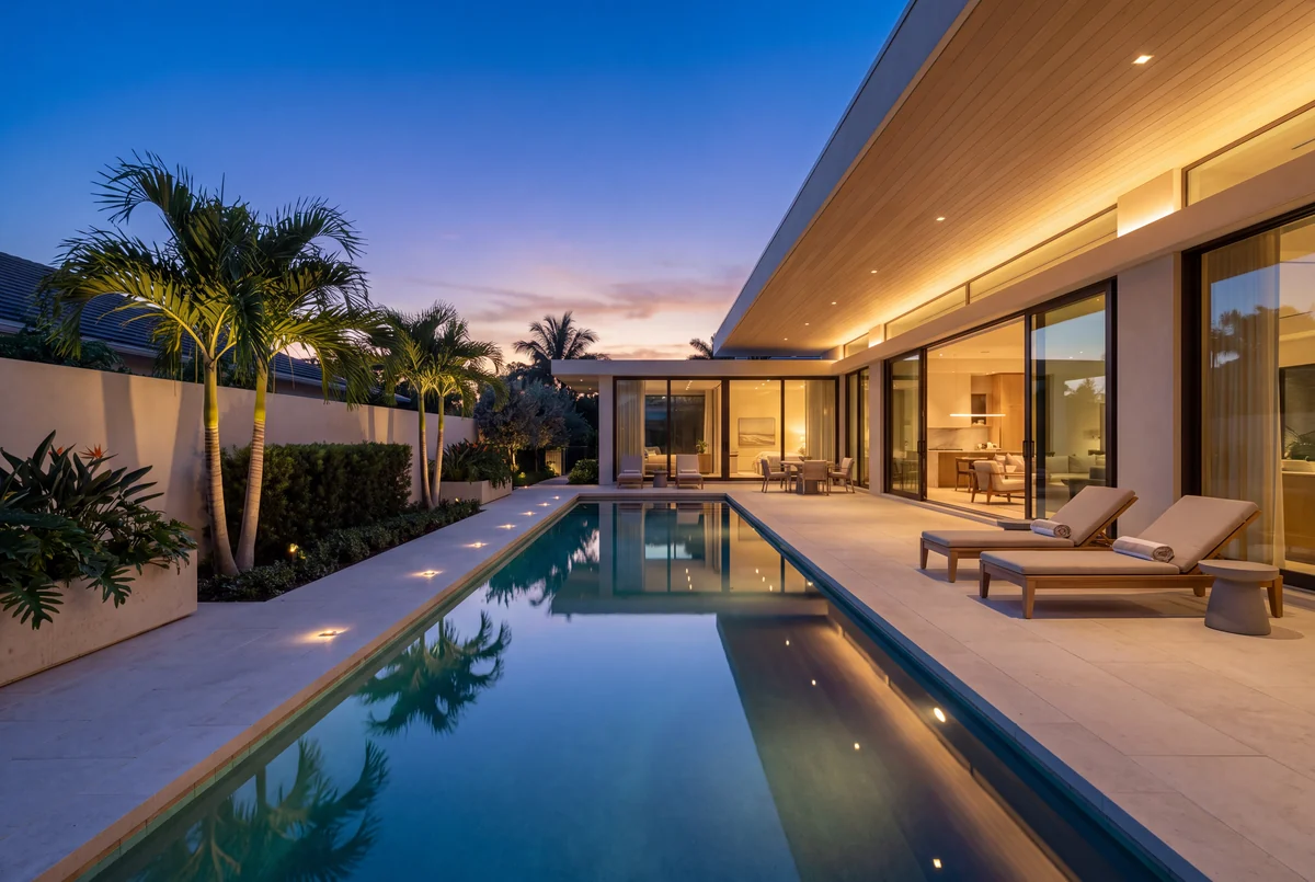 A modern house at dusk seen down the length of a lit pool, loungers along the deck and the rooms lit beyond