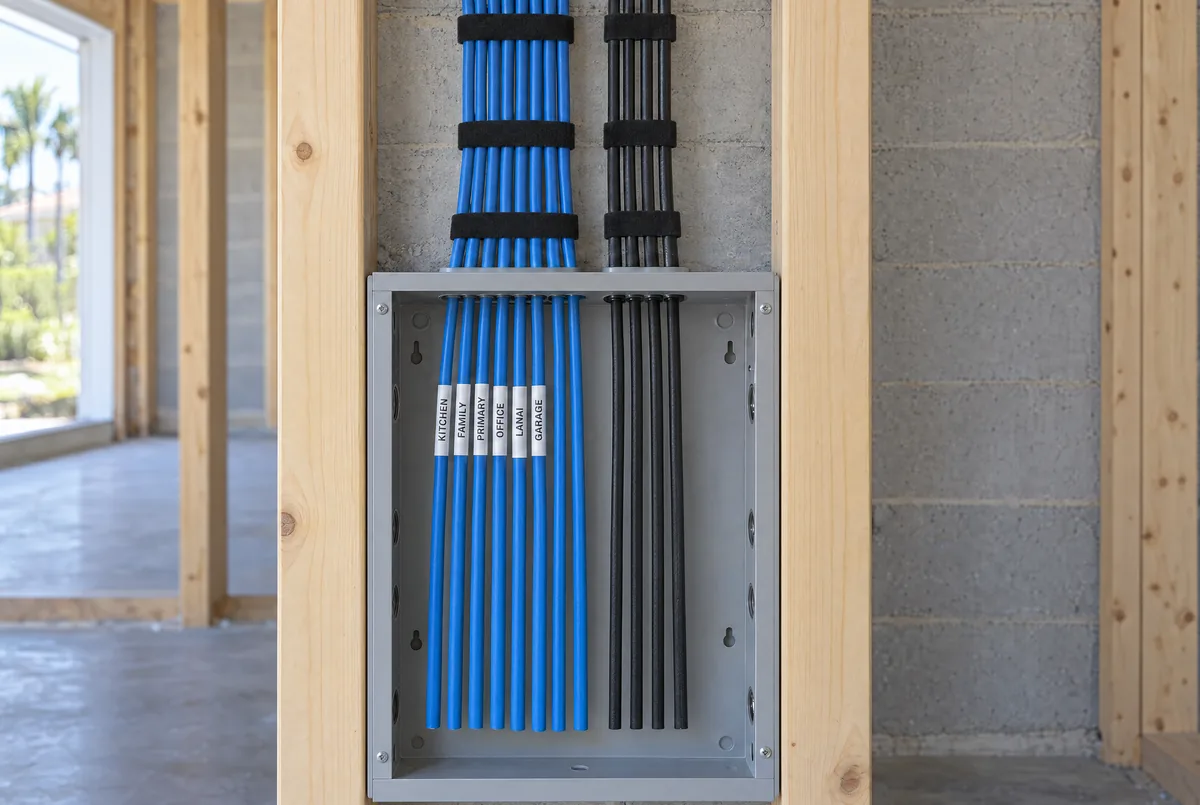 A gray structured media enclosure between wall studs, with eight blue network cables and four black coaxial cables strapped in parallel and labeled kitchen, family, primary, office, lanai and garage