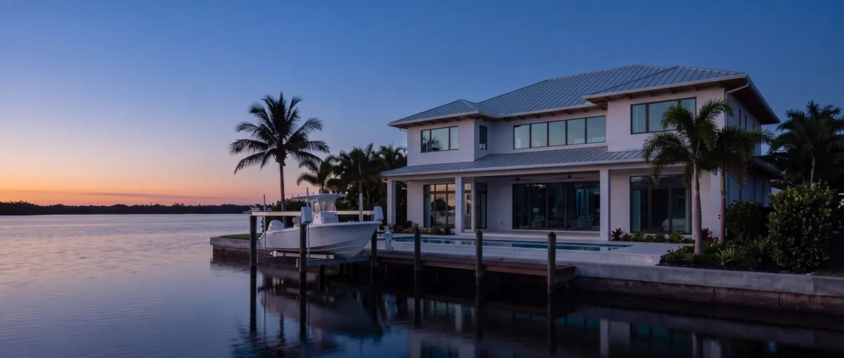 A white two story house on a Naples canal from dusk into night, a boat on its lift at the dock, palms around the lanai and pool, its lighting coming on in layers