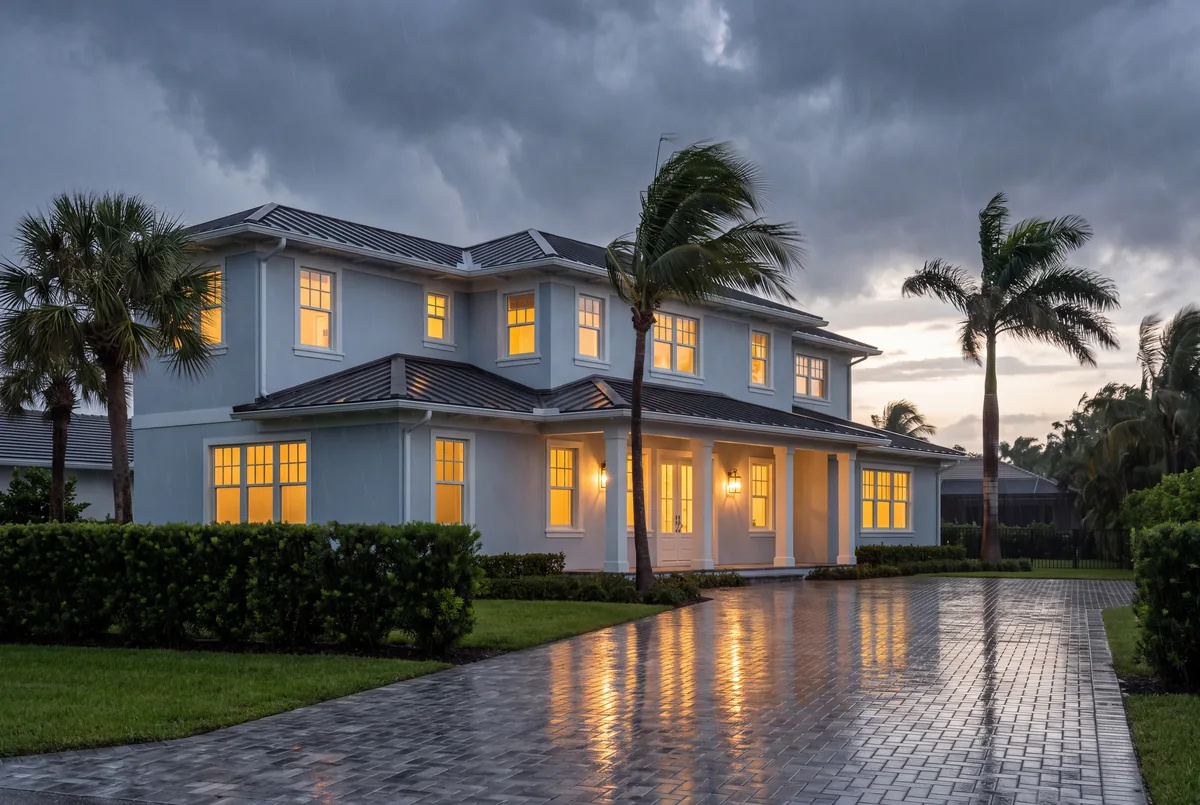 A two story house during an evening thunderstorm with every window lit, palms bending in the wind and lights reflected in the wet driveway