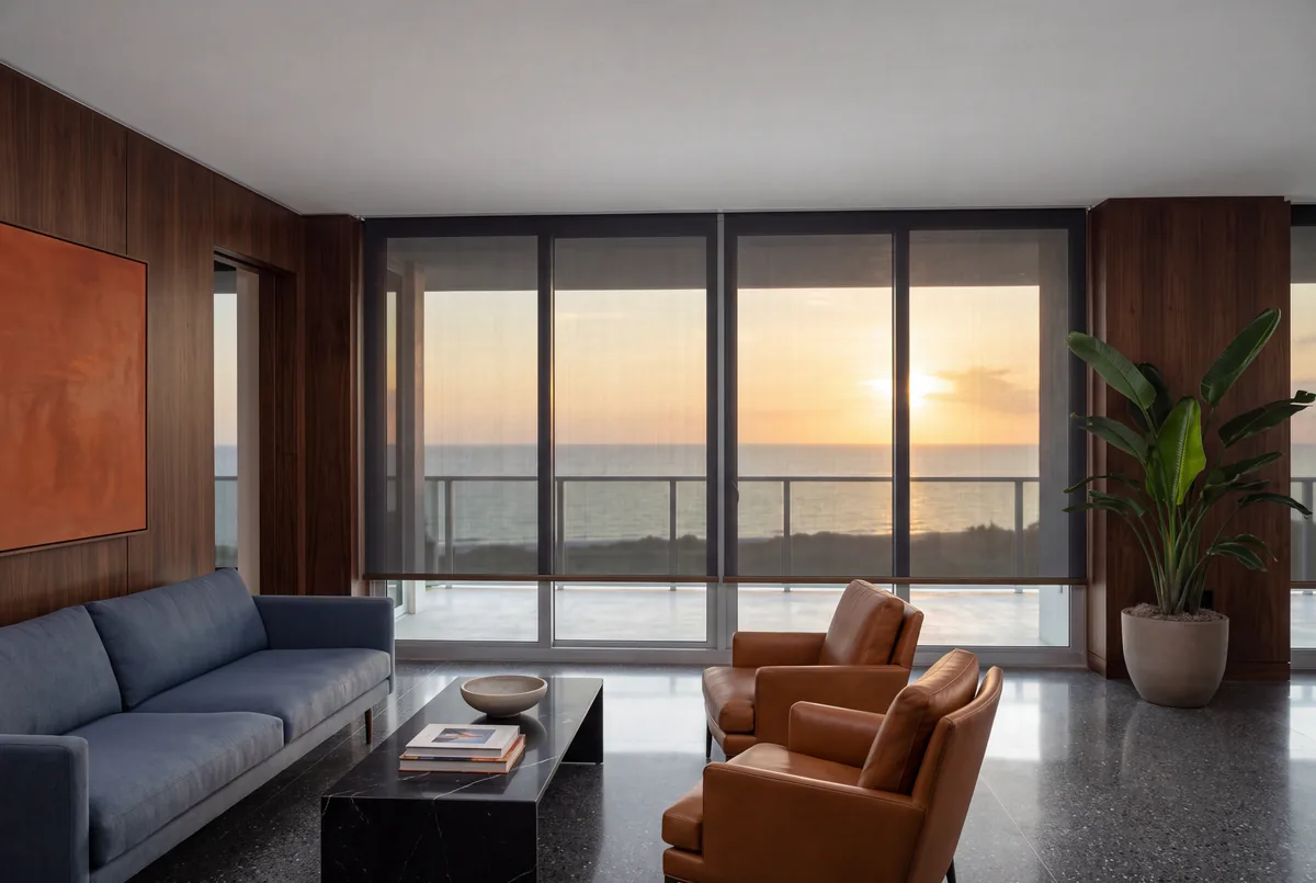 A high rise living room in late afternoon with dark solar shades lowered across a wall of glass, the Gulf and the low sun visible through the fabric
