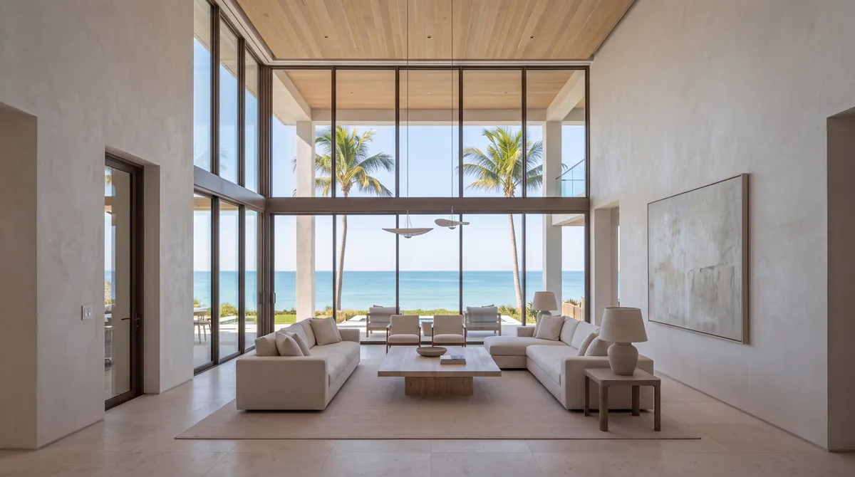 A double-height living room in the morning, shades up, palms and the Gulf bright beyond the glass