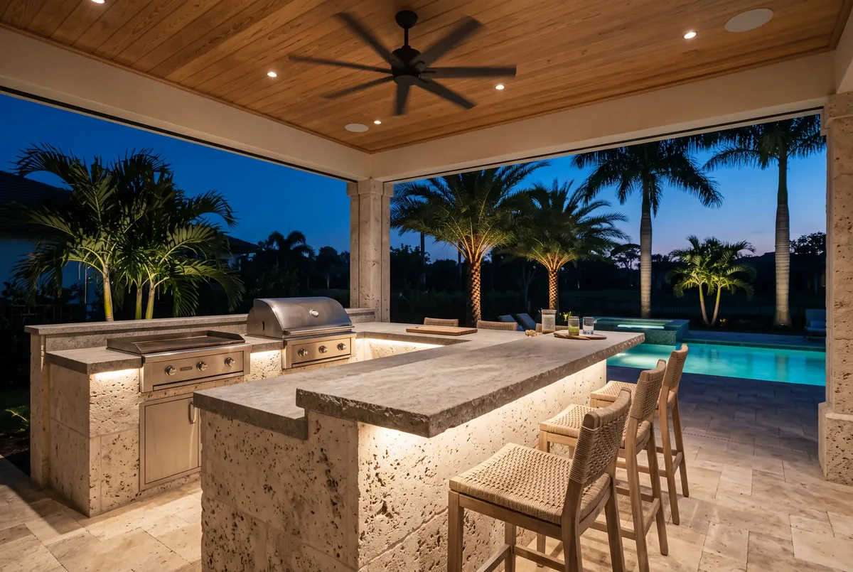 A lanai summer kitchen in the evening, flush speakers in the timber ceiling and the pool and palms beyond