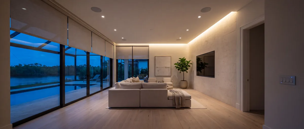 A Naples living room at dusk with the evening lighting scene on, cove light along the ceiling and a limestone wall lit from above