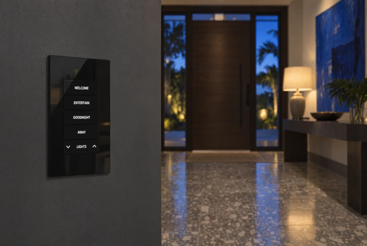 A black glass Crestron keypad with lit engraved buttons for welcome, entertain, goodnight, away and lights, beside the front door of a terrazzo entry hall