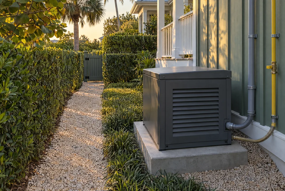 A standby generator on a concrete pad beside a sage green cottage, its electrical conduit and gas line run separately along the wall