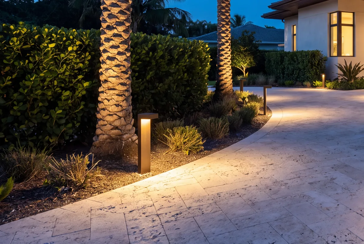 Bollard lights along a travertine drive at blue hour, two palm trunks uplit and the corner of the house lit beyond