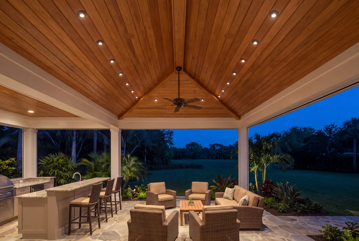 Pool pavilion with ceiling speakers and downlights.