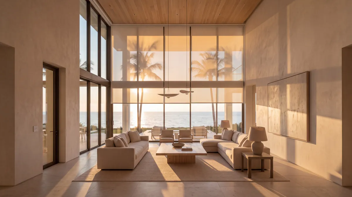 The same room at sunset, the roller shades lowered most of the way against the glare, palm shadows across the floor