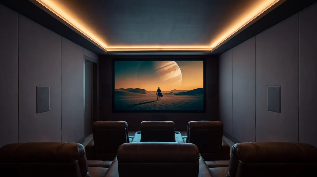 A home cinema with tiered brown leather recliners facing a wide screen on the end wall, cove light around the ceiling and a speaker set flush into each gray side wall