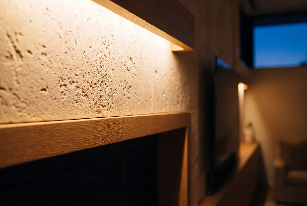 Textured plaster wall washed by a concealed linear light.