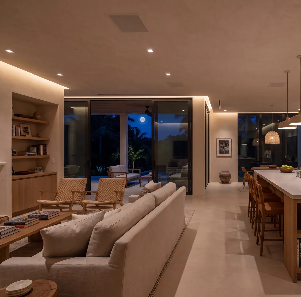 Flush ceiling speakers over an open plan living room, paint matched to the plaster.