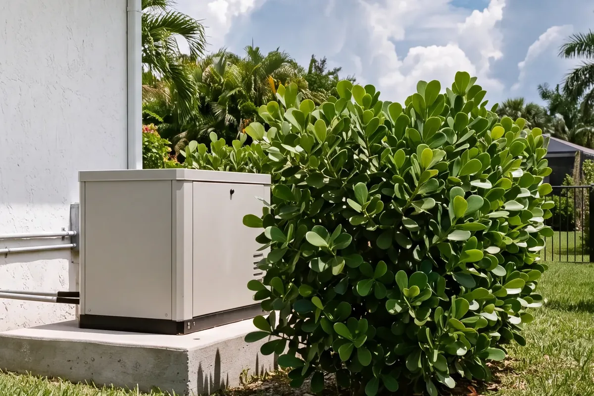 A standby generator on a raised concrete pad against a white stucco wall, a clusia hedge beside it and palms beyond, its gas line and conduit entering at the side
