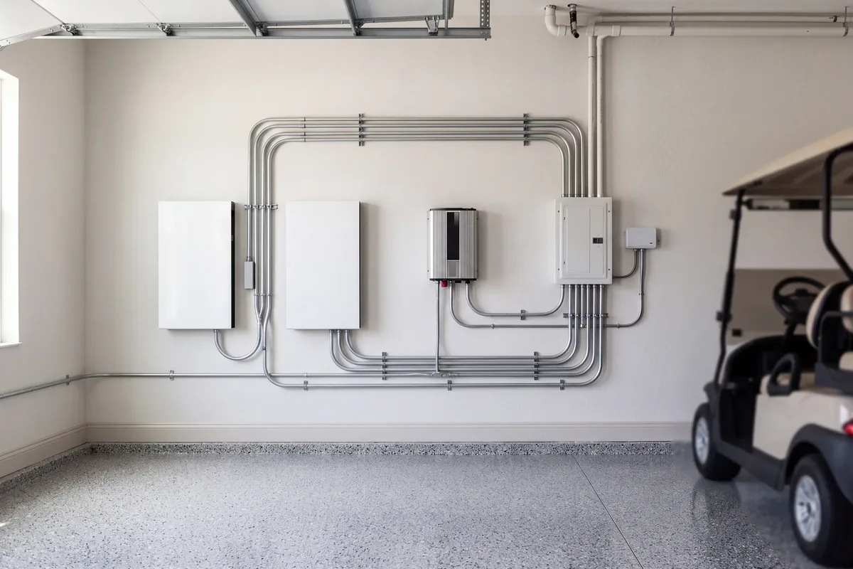 Two wall mounted home batteries and an inverter on a garage wall, conduit running to the panel and a small gateway box beside it