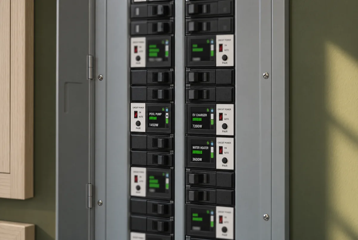 An open load center with Savant Power Modules between the breakers, their displays showing the pool pump, EV charger and water heater circuits and what each one draws