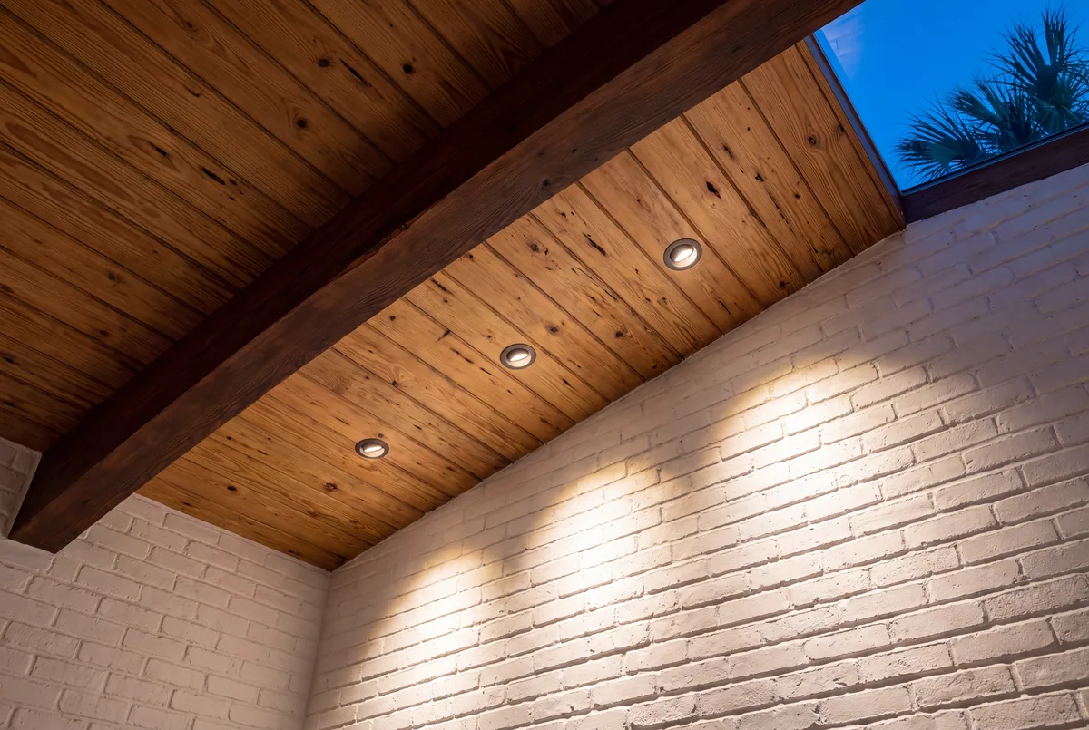 A pecky cypress ceiling with a dark beam and three small new recessed lights in a straight line, washing a whitewashed brick wall
