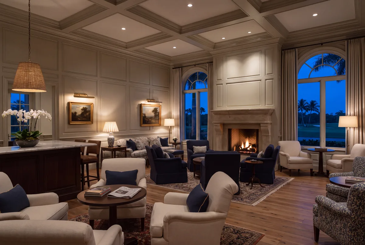 Club lounge with lamps, picture lights and recessed downlights.