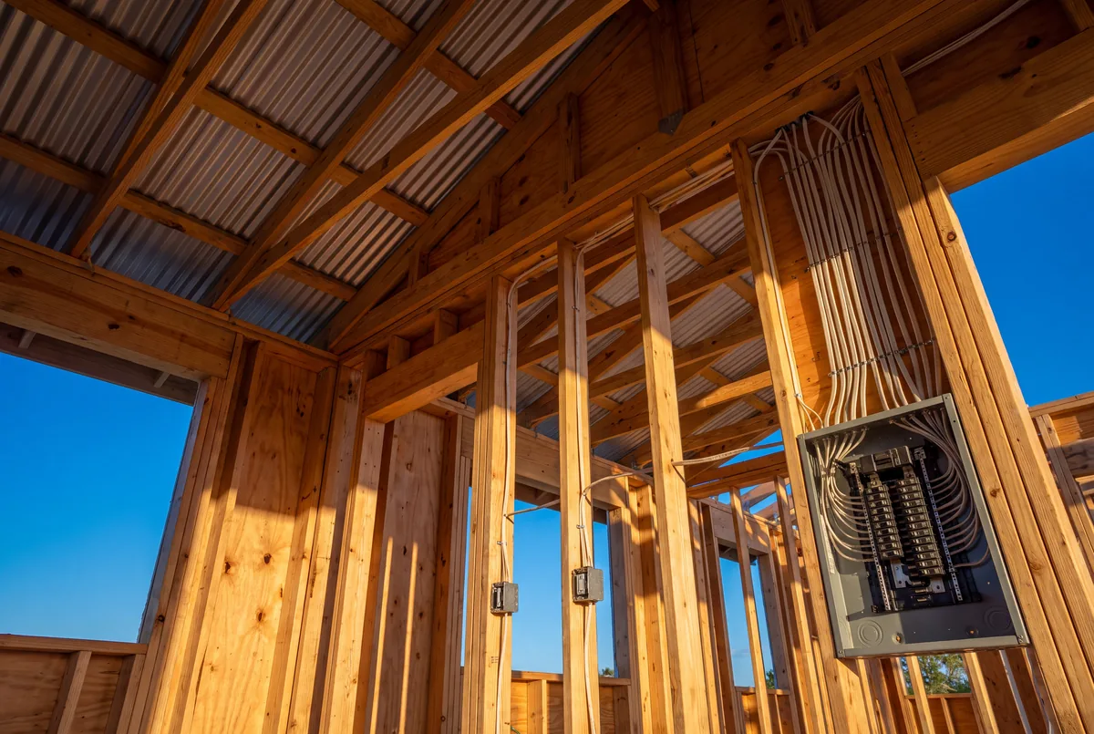 A load center at rough-in on a timber stud wall, the home runs dressed in parallel up the studs into the panel, with open framing and blue sky beyond