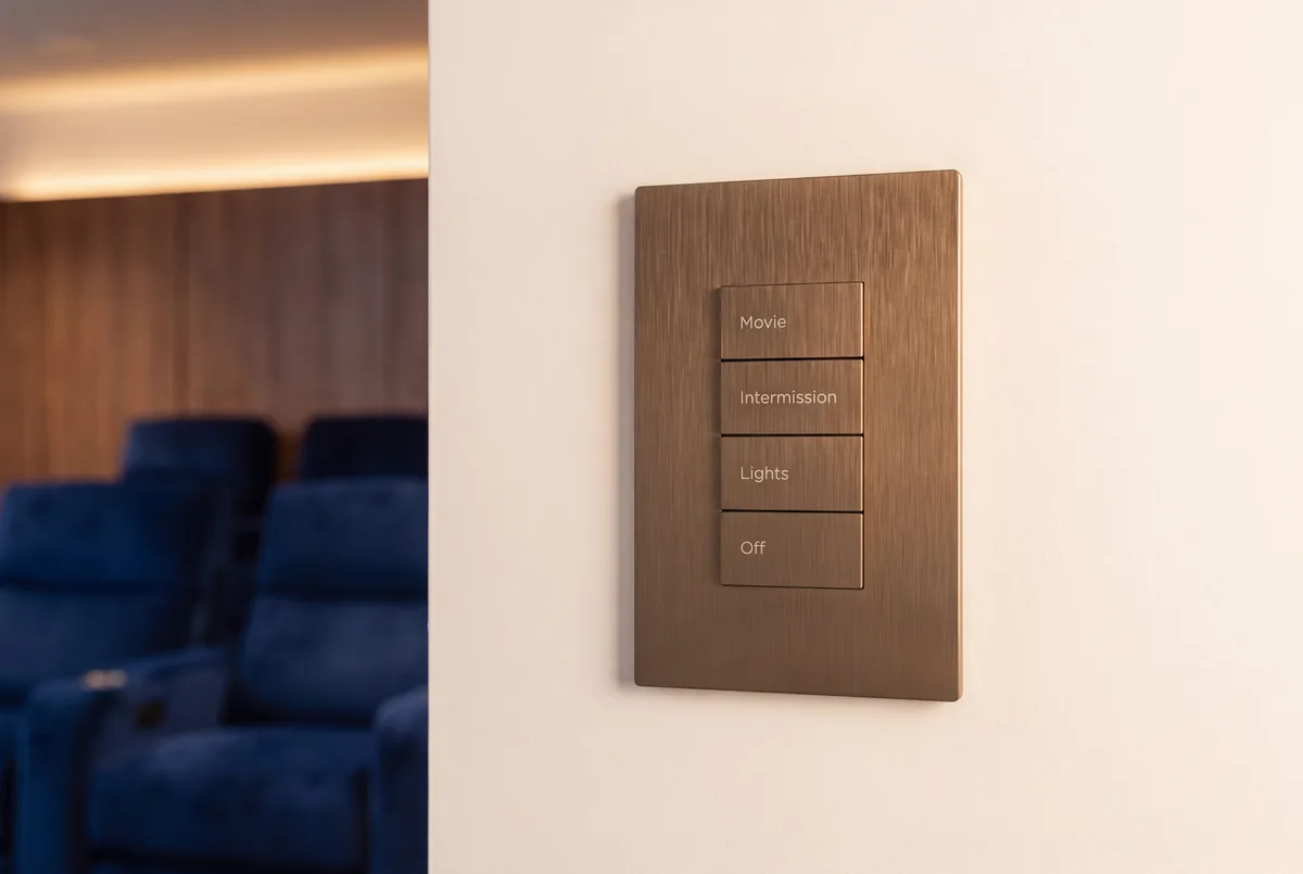 A Savant keypad in brushed bronze beside a home theater, engraved Movie, Intermission, Lights and Off