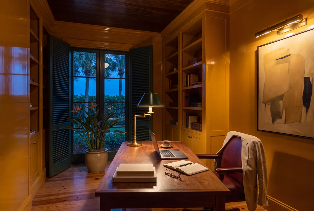 A study with ochre lacquered bookshelves at dusk, a laptop open on a walnut desk beside a lit desk lamp, and palms through the open French doors