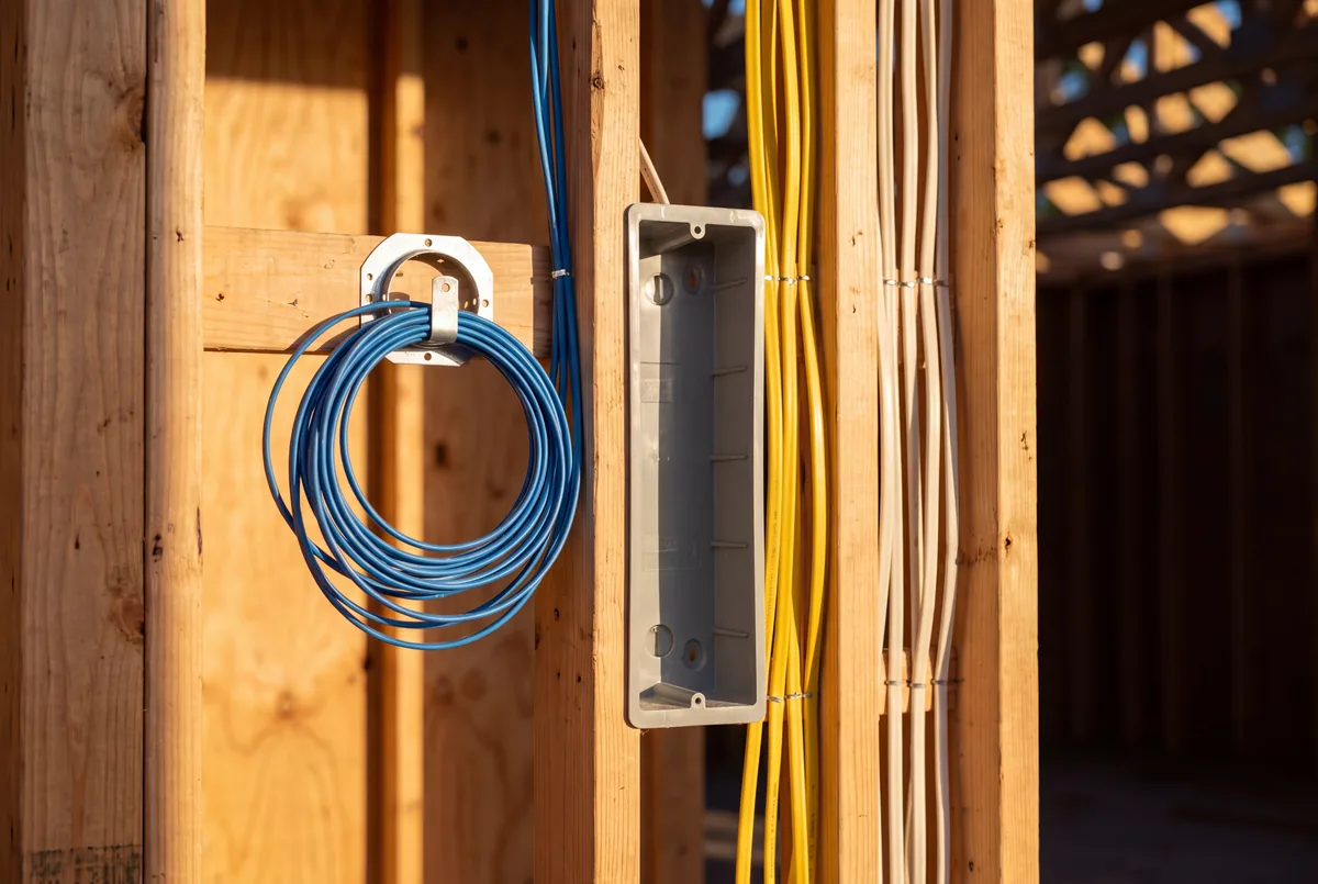 A low voltage mud ring bracket on a stud with a coiled service loop, cables run in parallel drops at rough-in