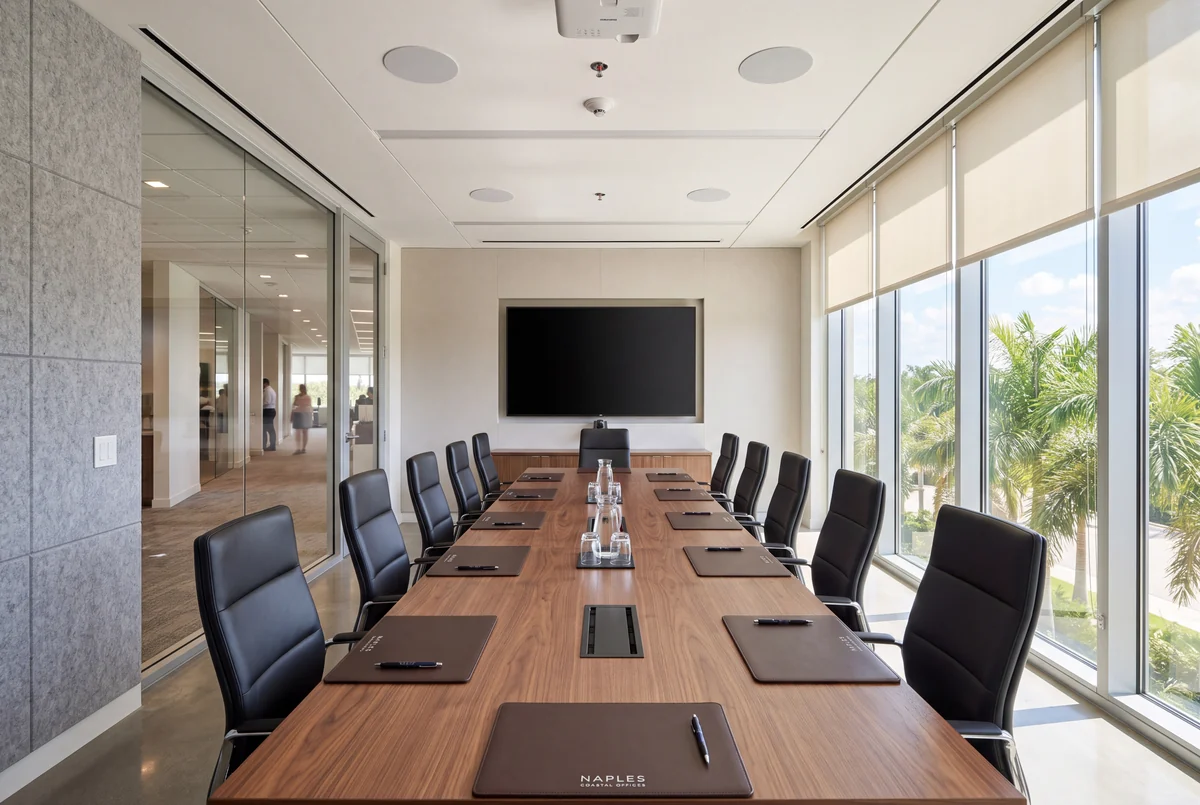 A boardroom in a coastal office with a long walnut table, a wall display switched off and flush ceiling speakers in a pair