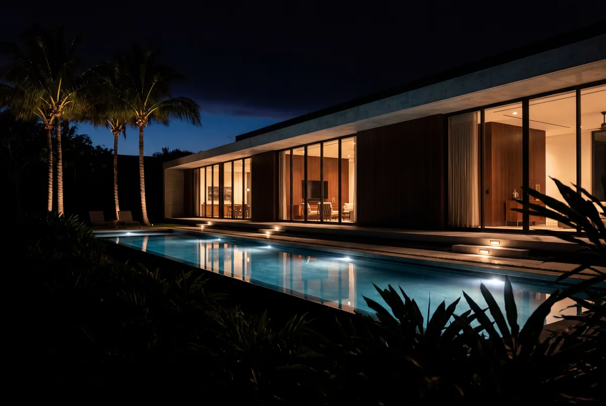 A concrete and walnut house at night seen across a lit pool, every room on a low evening scene and the palms uplit