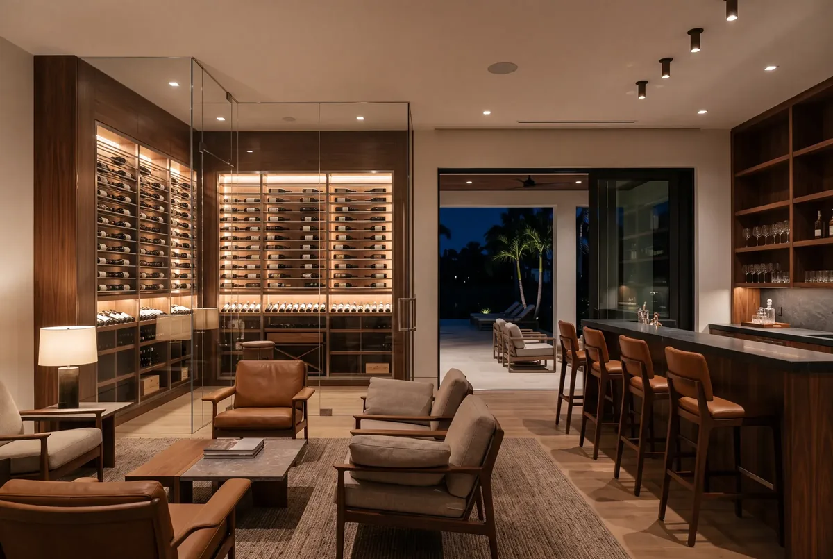 A club room at night: a glass wine room lit from within, a bar and a flush speaker in the ceiling, the lanai door open beyond
