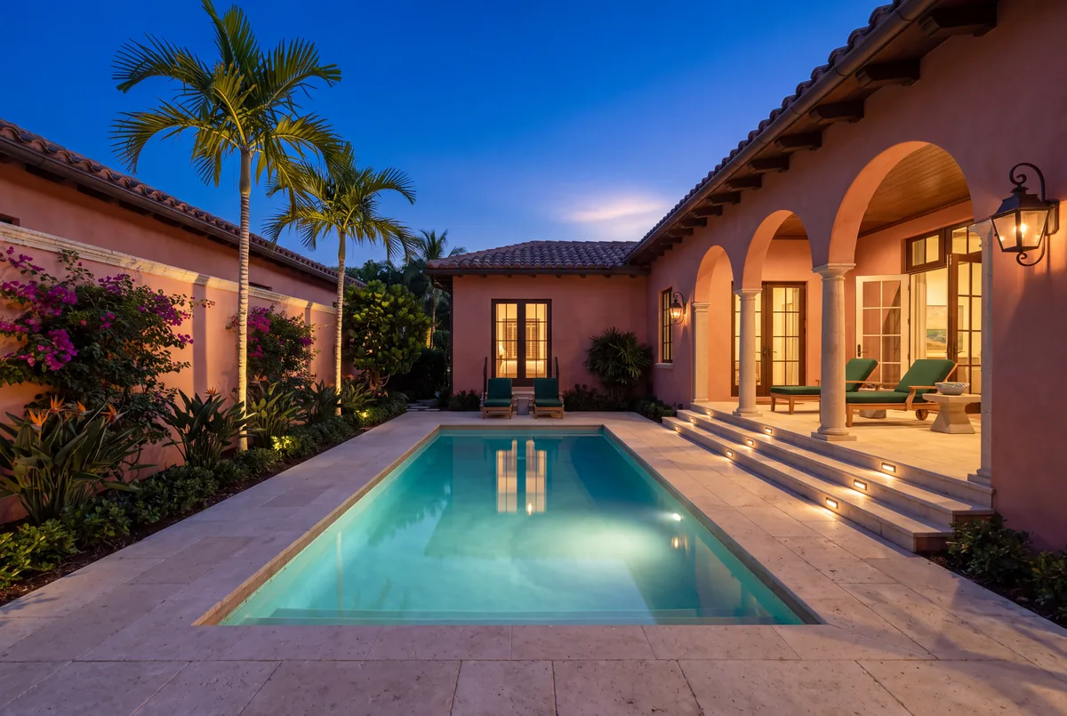 A terracotta courtyard house at dusk with a lit pool, step lights in the loggia stairs and two uplit royal palms