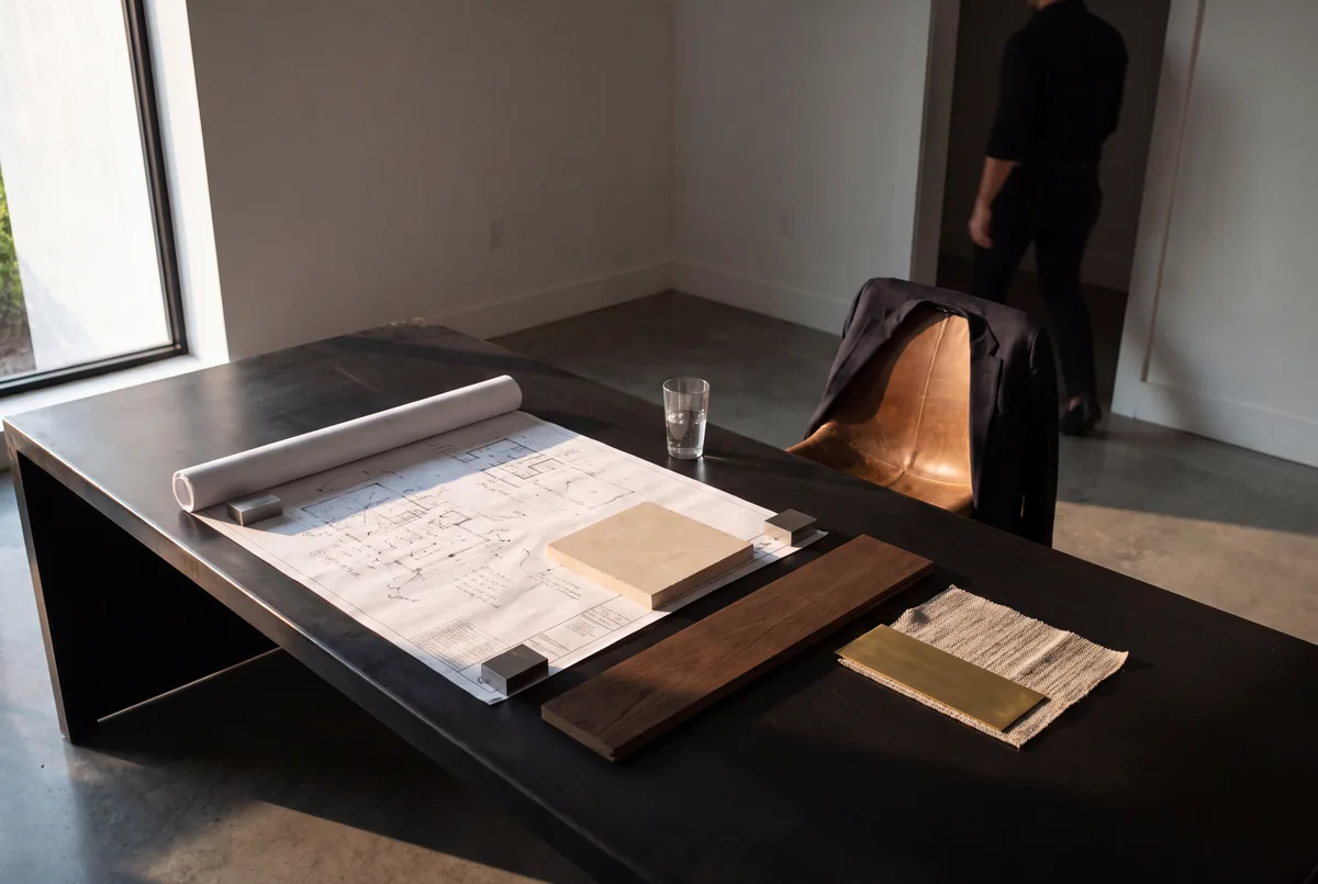 Architectural drawings unrolled and weighted on a table with material samples beside them, a chair pushed back
