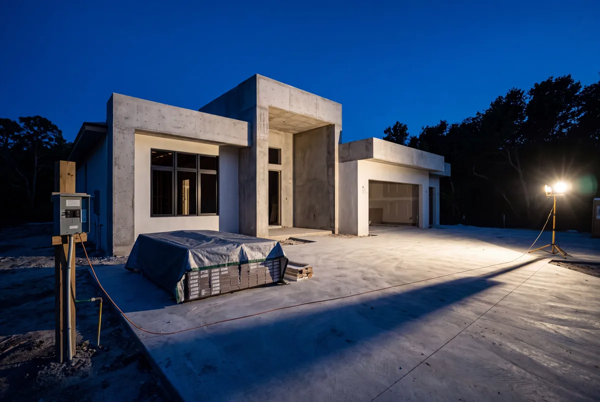 A modern house at structural completion at dusk, the slab swept and a temporary distribution board set on a post