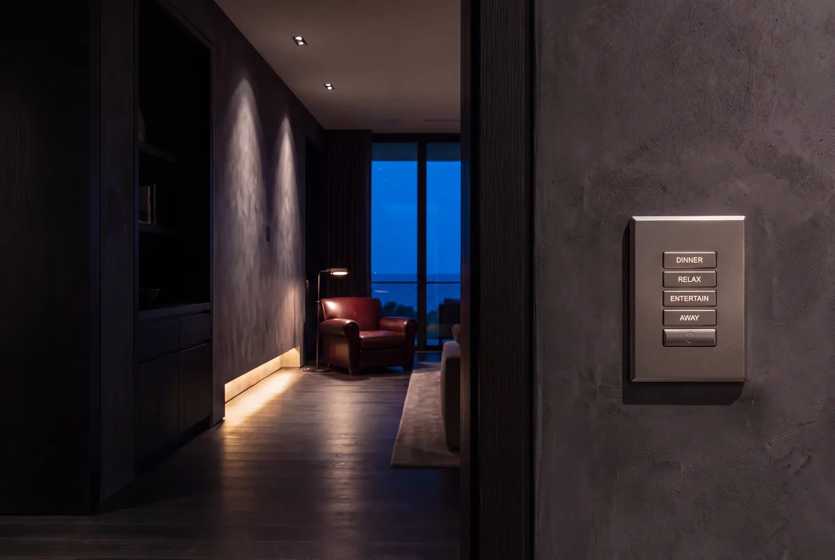 A dim hallway at dusk with a keypad of engraved scene buttons on the wall and a lamp lit room beyond