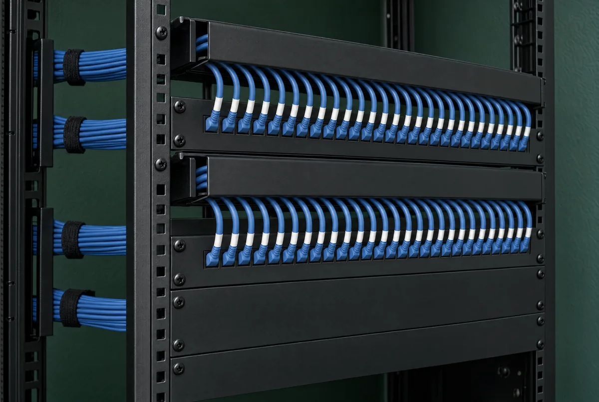 Close view of an equipment rack with two patch panels, every port filled with an even blue patch cable, incoming cables strapped to the side and blanking panels below