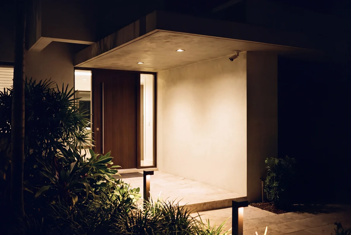 A modern entry at night, the door and path lit from the soffit and a path light