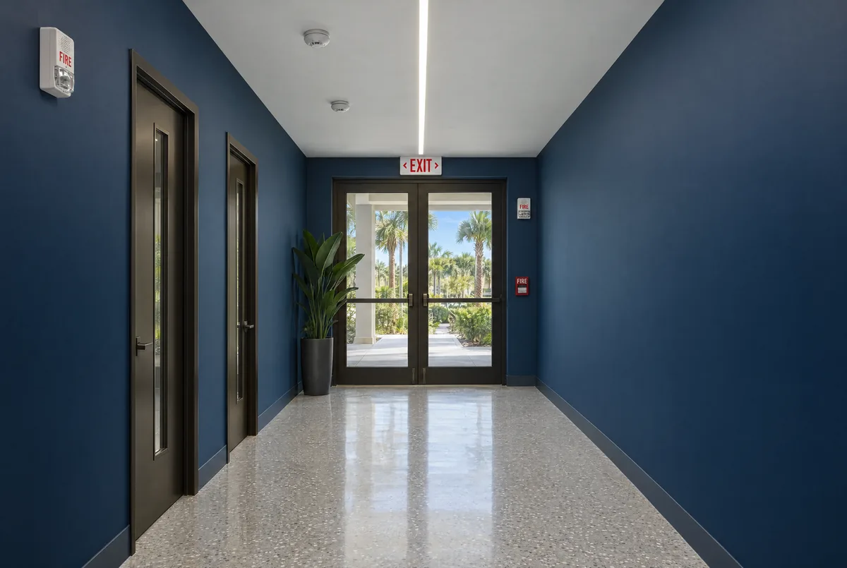 An office corridor with a red EXIT sign over glass exit doors, a red FIRE pull station beside the doors, white horn strobes on the walls and smoke detectors on the ceiling