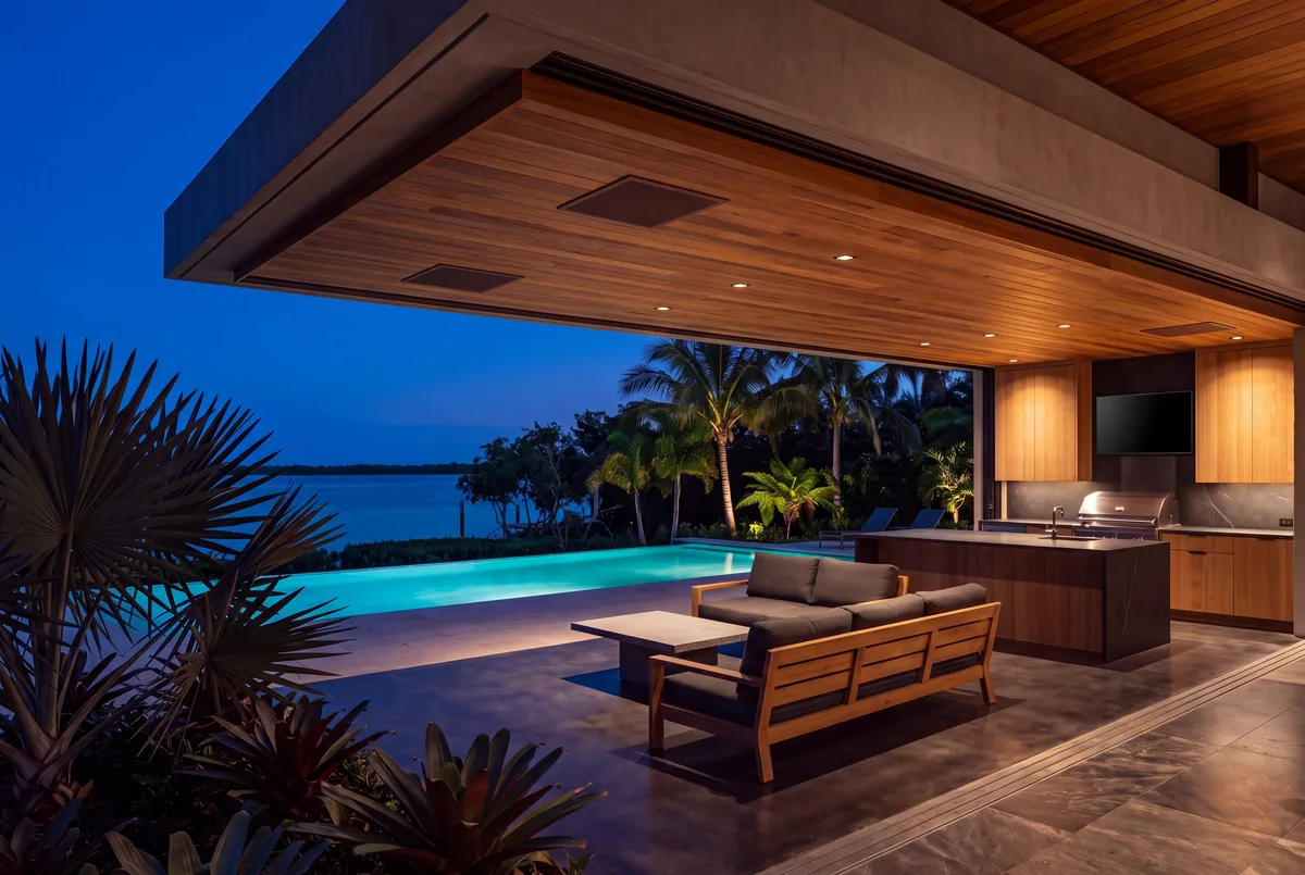 An outdoor pavilion at dusk with flush ceiling speakers, downlights and a television set into the stone wall of the outdoor kitchen, the pool and bay beyond