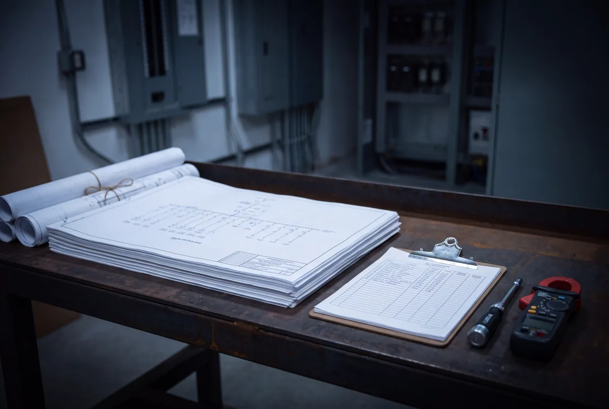 A set of as built drawings and a panel schedule laid out on a bench with a clamp meter beside them