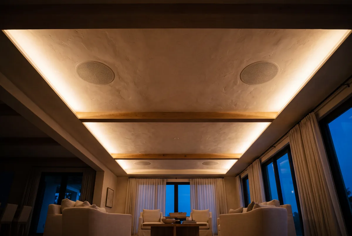 A warm plaster ceiling with two flush paint matched loudspeakers set as a stereo pair either side of the room center line