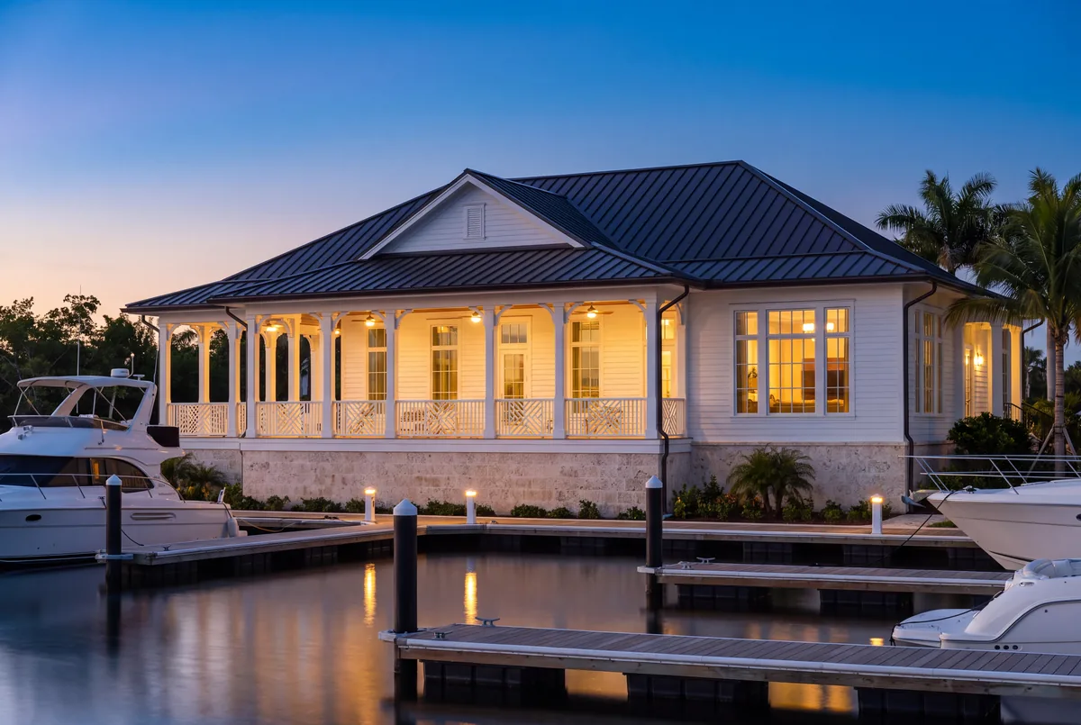 Marina club at dusk, porch and dock lighting.