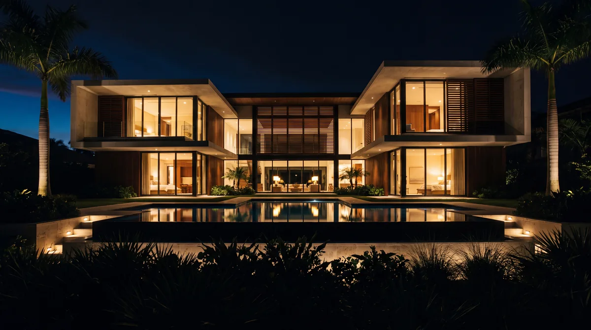 Modern house at dusk, interior and landscape light on one scene.