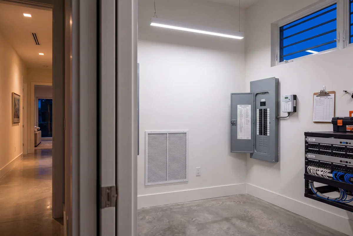 A utility room kept to its schedule, the panel schedule on the load center door.
