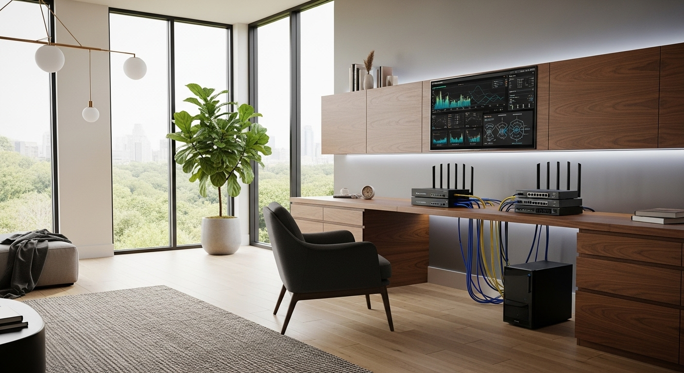 home network installation Atlanta, Wi-Fi optimization, mesh network setup, IoT device management, Control4 network integration, Crestron systems, Lutron HomeWorks, whole-home connectivity, Atlanta smart home experts, smart automation network design